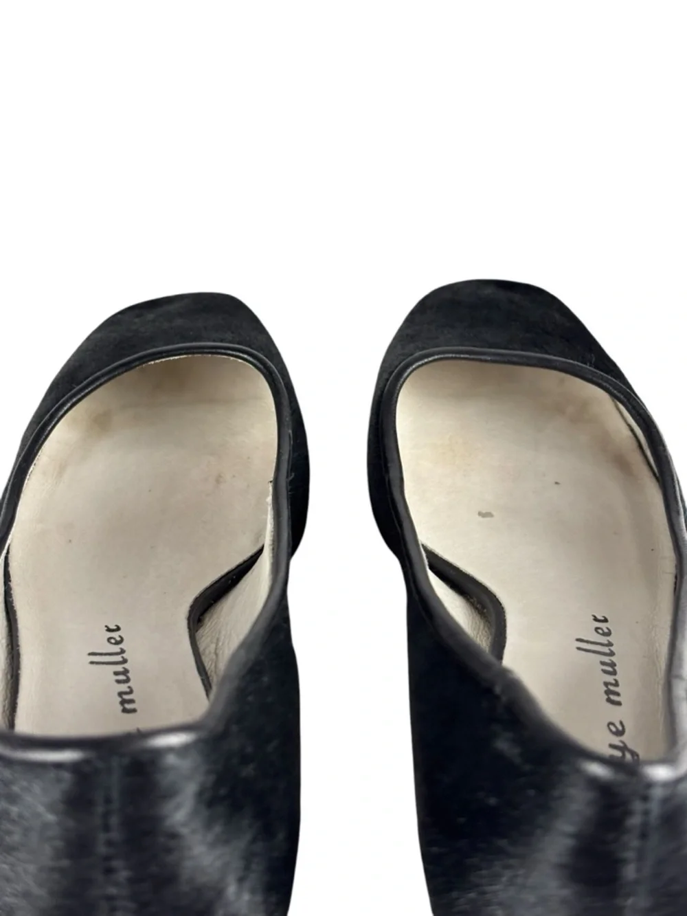 BETTYE MULLER WARHOL BLACK CALF HAIR LEATHER SQUARE TOE PUMP HEELS